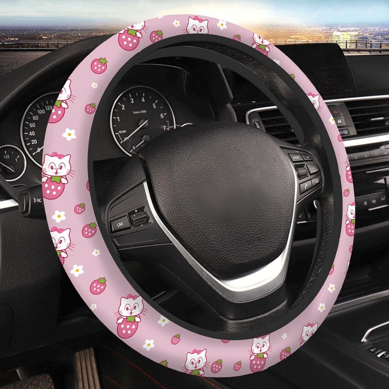 Zadin Kitty Accessories Car  Strawberry Pink Hello Cat Wheel Cover  Y2K Car Accessories  Girly Steering Wheel Cover  Universal Fit 14.5-15 inch Auto SUV Vans Trucks  Anti-Slip and Sweat Absorption - Image 5